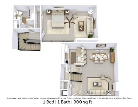 Floor plan for 1 bed, 1 bath, 900 sqft